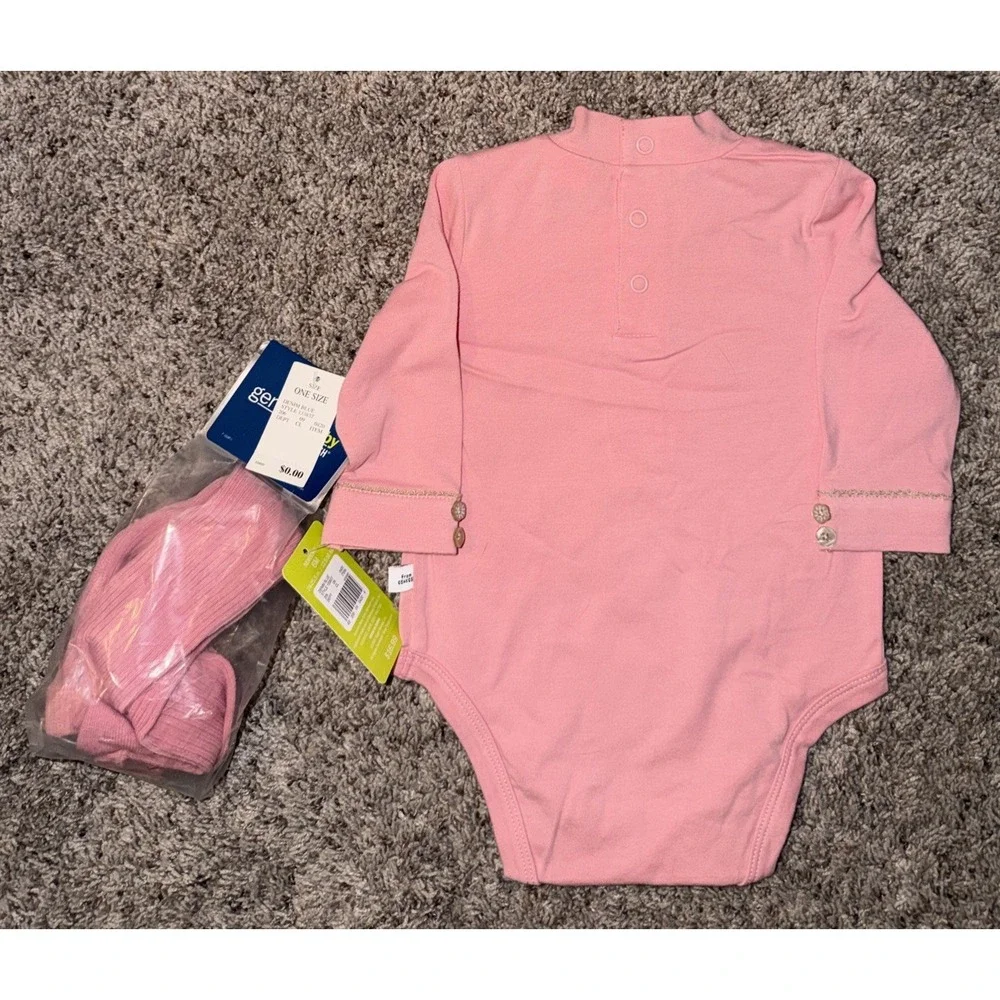 Y2K Genuine Baby OshKosh 6M 3Pc Denim Jumper Pink Top Tights‎ Set NWT Target